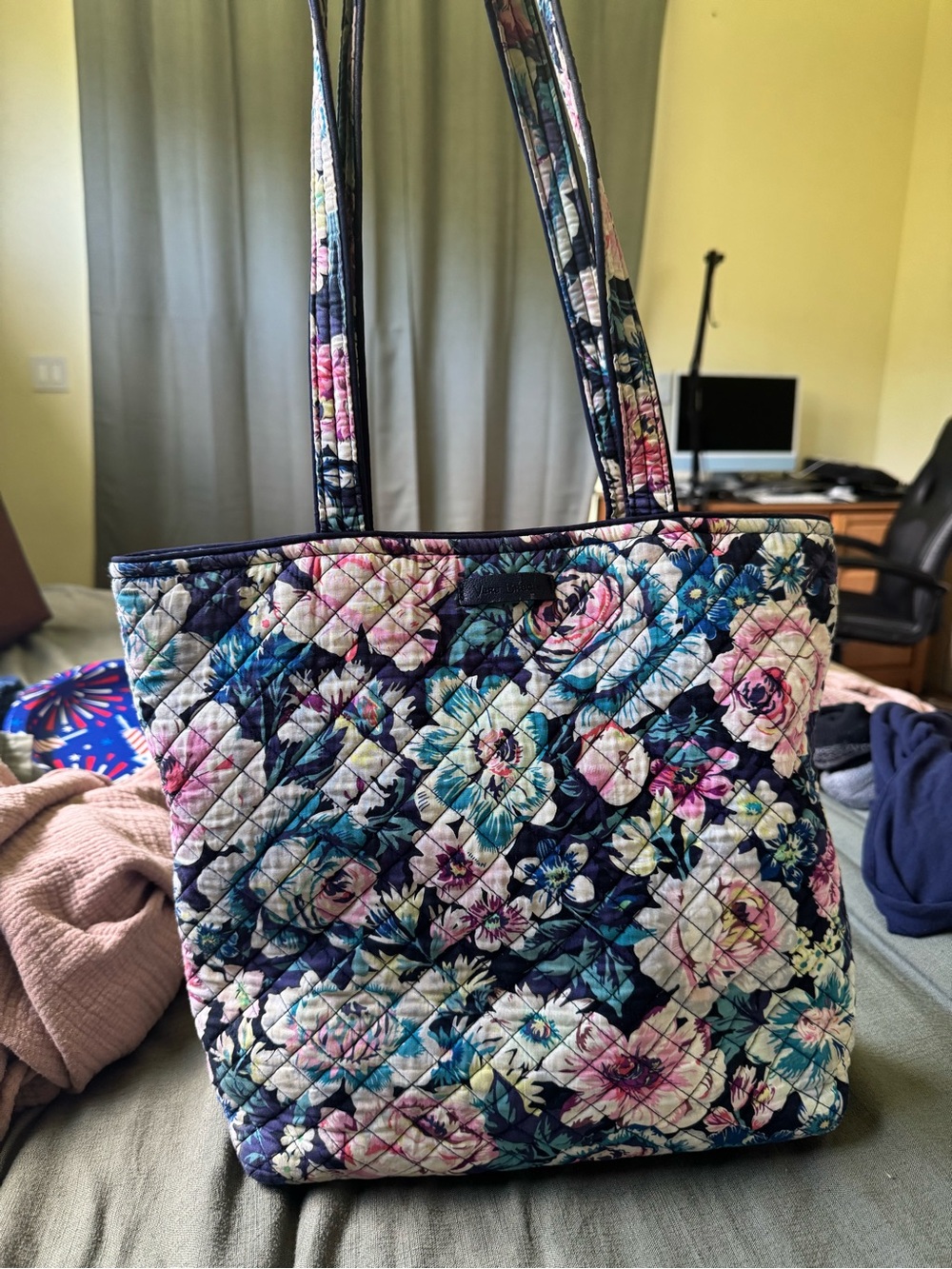 Vera Bradley Navy Floral Quilted Tote in Pink and Teal Accents
